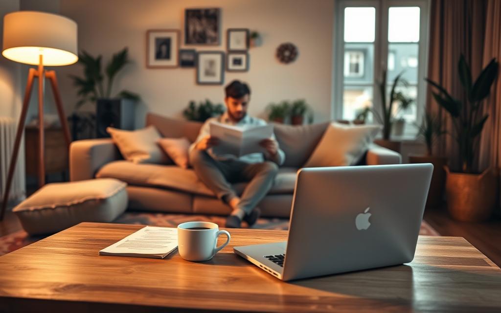 A Cozy Apartment Interior With A Tenant Reviewing Rental Agreements And Lease Details While Considering Subletting Options. Warm Lighting From Floor Lamps And A Large Window Illuminates The Scene, Casting Soft Shadows. In The Foreground, A Laptop And A Cup Of Coffee Sit On A Wooden Coffee Table, Surrounded By Plush Throw Pillows And A Well-Worn Area Rug. In The Middle Ground, A Tenant Sits On A Comfortable Sofa, Meticulously Examining Papers And Contemplating Their Options. The Background Features Minimalist Wall Decor And Some Potted Plants, Creating A Serene And Introspective Atmosphere.