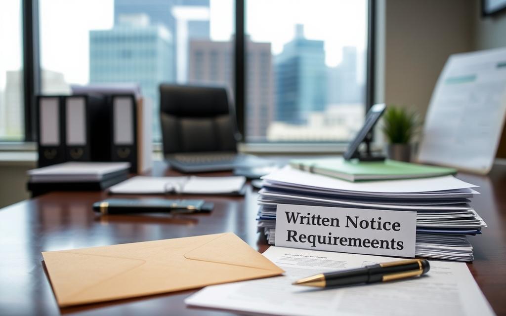 A Neatly Organized Office Desk, With A Manila Envelope, A Pen, And A Stack Of Papers Labeled &Quot;Written Notice Requirements&Quot; In The Foreground. In The Middle Ground, A Window Overlooking A Cityscape Provides Natural Lighting. The Atmosphere Is Professional And Slightly Formal, Conveying The Importance Of The Subject Matter. The Camera Angle Is Slightly Elevated, Creating A Sense Of Authority And Attention To Detail. The Overall Mood Is One Of Focused Task-Completion, With A Hint Of Legal Solemnity.