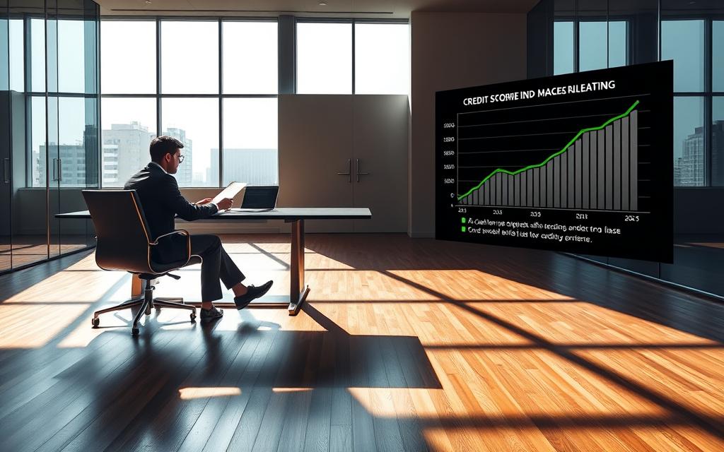 A Stark, Modern Office Interior With A Glass-Walled Conference Room. Sunlight Streams In Through Large Windows, Casting Dramatic Shadows Across The Polished Hardwood Floors. In The Foreground, A Business Executive Sits At A Sleek, Minimalist Desk, Their Expression Pensive As They Review Financial Documents. On The Wall Behind Them, An Ominous Infographic Depicts A Credit Score Graph Plummeting, Visualizing The Potential Credit Impact Of A Lease Termination. The Mood Is One Of Trepidation And Uncertainty, Underscoring The Weighty Legal And Financial Considerations Of Getting Out Of A Lease.