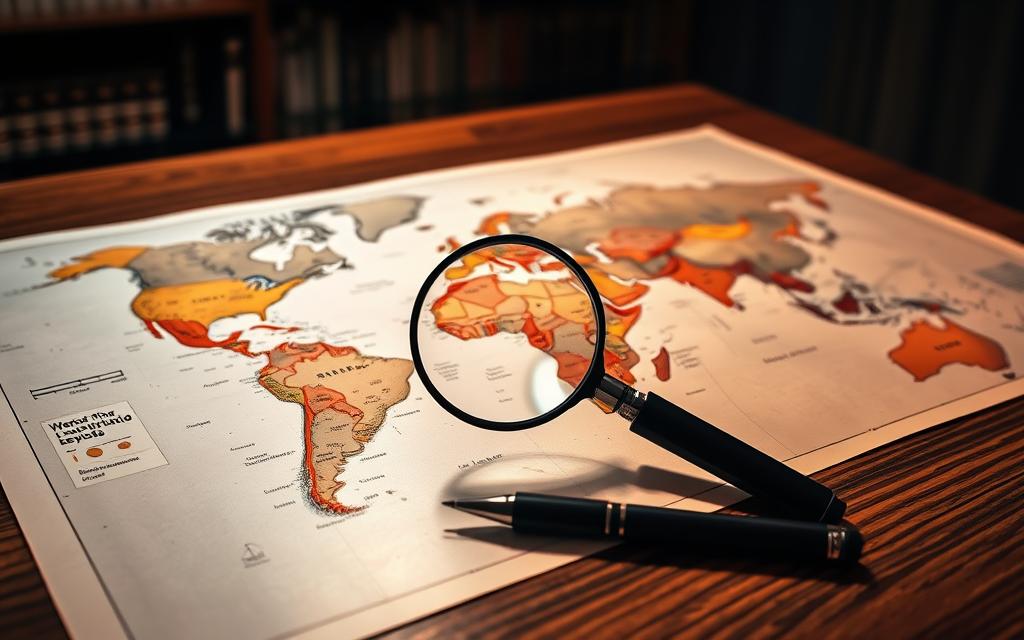 A Large World Map Spread Out On A Wooden Desk, Illuminated By Warm, Soft Lighting. The Map'S Borders Are Meticulously Detailed, Highlighting The Intricate Coverage Of Legal Services Across Different Regions. In The Foreground, A Magnifying Glass Hovers Over The Map, Drawing Attention To A Specific Area, While A Pen Rests Beside It, Ready To Make Notes. The Background Features A Blurred Bookshelf, Hinting At The Depth Of Legal Expertise. The Overall Atmosphere Conveys A Sense Of Professionalism, Research, And A Dedication To Providing Comprehensive Legal Coverage.